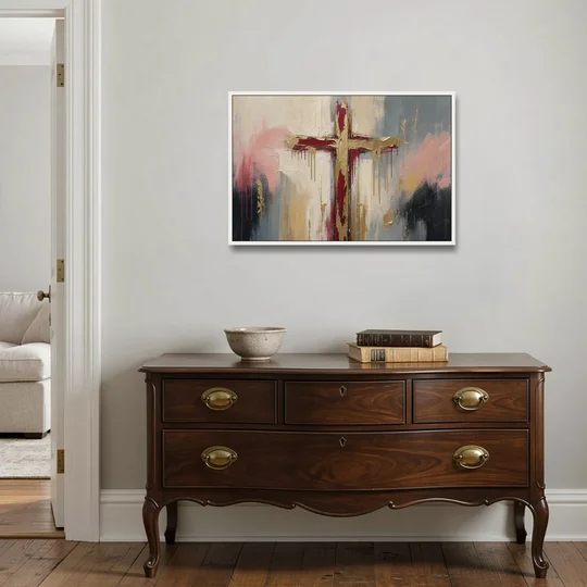 Abstract Cross Painting in Crimson and Gold Leaf - White Framed Canvas Wall Art - Coffee Table - 36x24