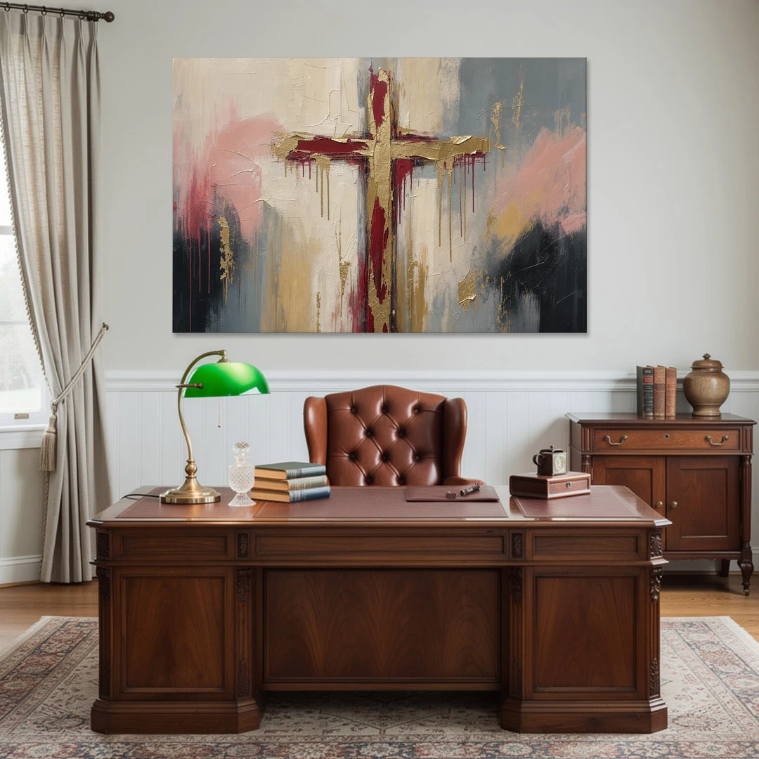 Abstract Cross Painting in Crimson and Gold Leaf - Canvas Wall Art - Office - 60x40