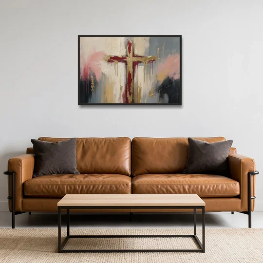 Abstract Cross Painting in Crimson and Gold Leaf - Black Framed Canvas Wall Art - Sofa - 36x24
