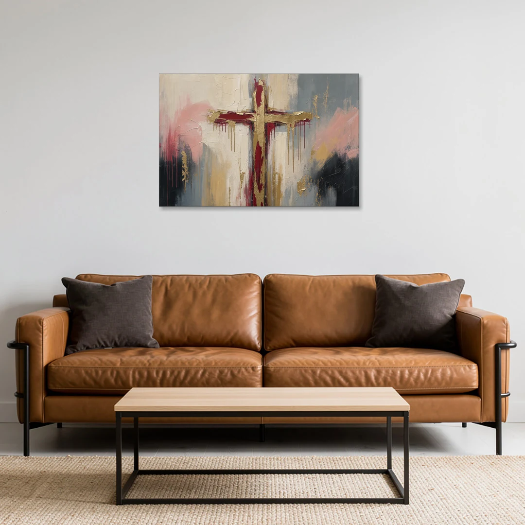 Abstract Cross Painting in Crimson and Gold Leaf - Canvas Wall Art - Sofa - 36x24