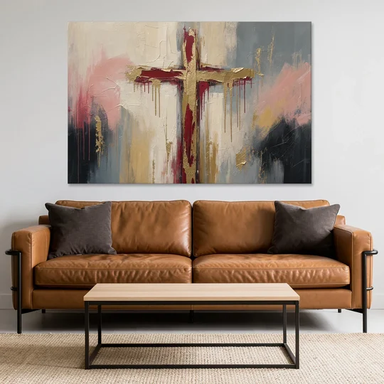 Abstract Cross Painting in Crimson and Gold Leaf - Canvas Wall Art - Sofa - 60x40