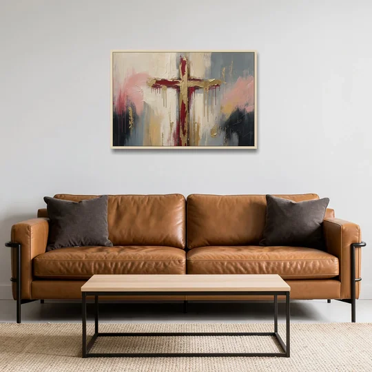 Abstract Cross Painting in Crimson and Gold Leaf - Oak Framed Canvas Wall Art - Sofa - 36x24
