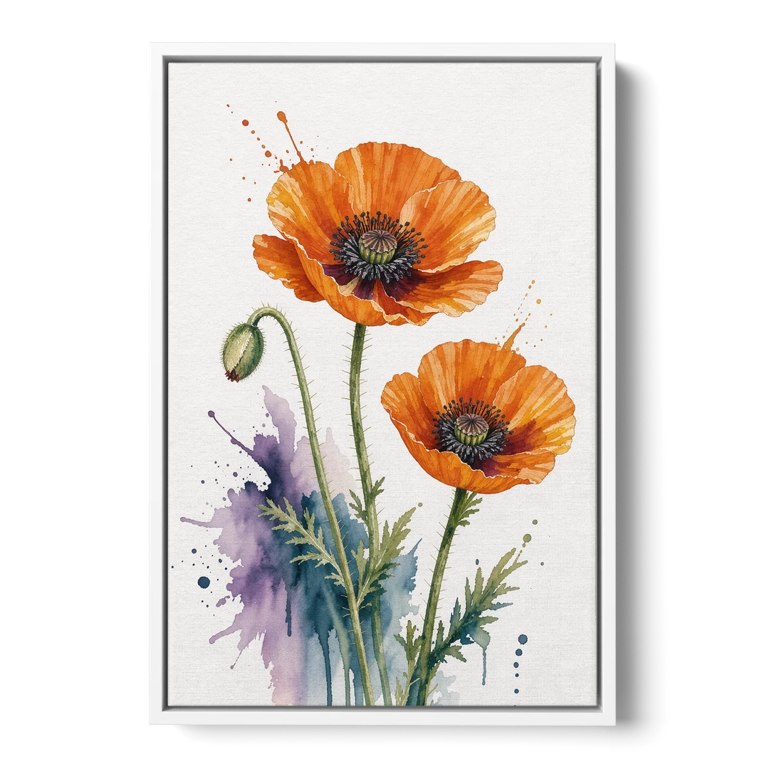 Abstract Floral Painting of Orange Poppies - White Framed Canvas Wall Art - Front