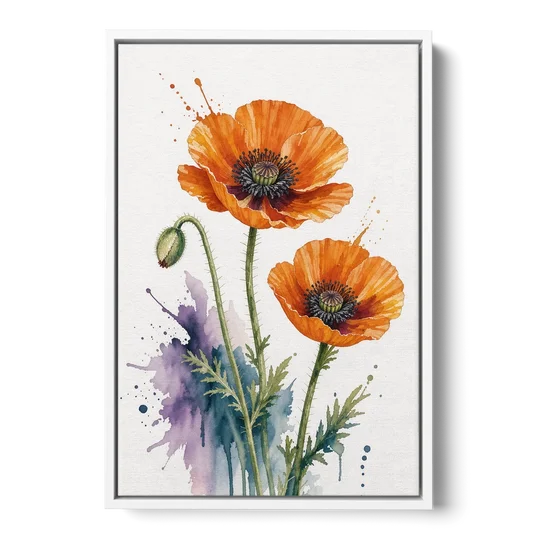 Abstract Floral Painting of Orange Poppies - White Framed Canvas Wall Art - Front