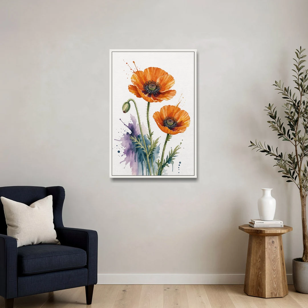 Abstract Floral Painting of Orange Poppies - White Framed Canvas Wall Art - Sofa - 24x36