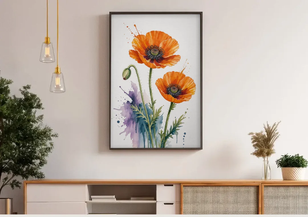 Abstract Floral Painting of Orange Poppies canvas wall art above a wooden sideboard under pendant lights