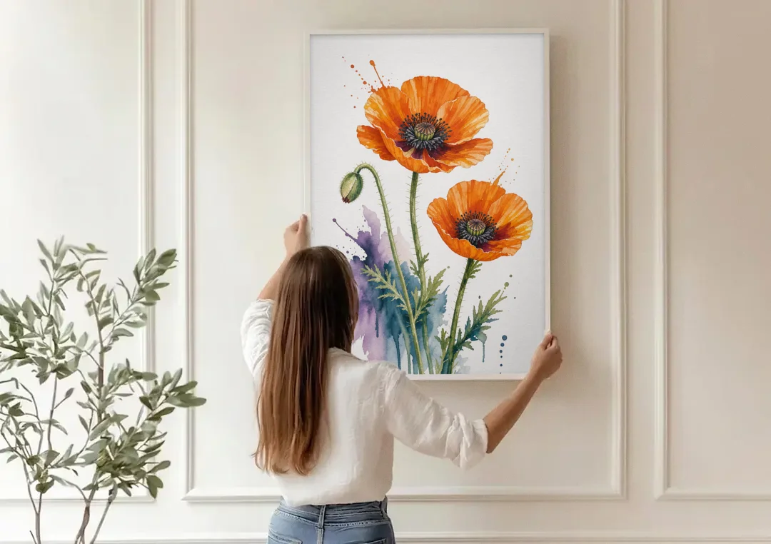 Abstract Floral Painting of Orange Poppies canvas wall art being hung on a paneled wall
