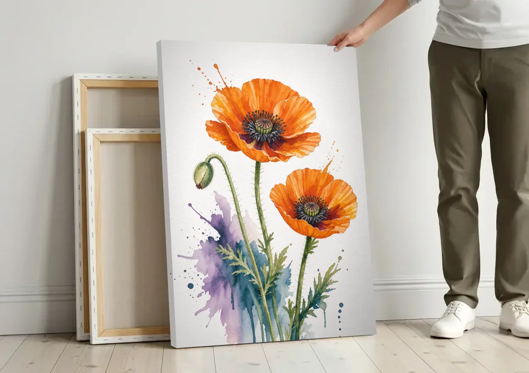 Abstract Floral Painting of Orange Poppies canvas wall art leaning against a wall next to blank canvases