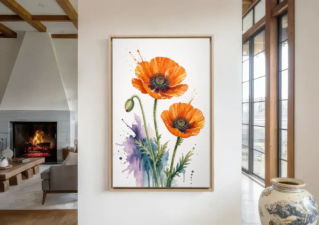 Abstract Floral Painting of Orange Poppies canvas wall art in a living room with a fireplace