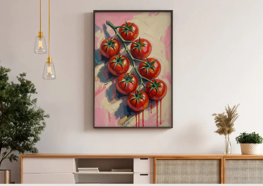 Abstract Fruit Painting of Cherry Tomatoes on the Vine canvas wall art above a wooden sideboard under pendant lights