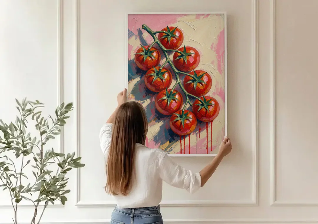 Abstract Fruit Painting of Cherry Tomatoes on the Vine canvas wall art being hung on a paneled wall