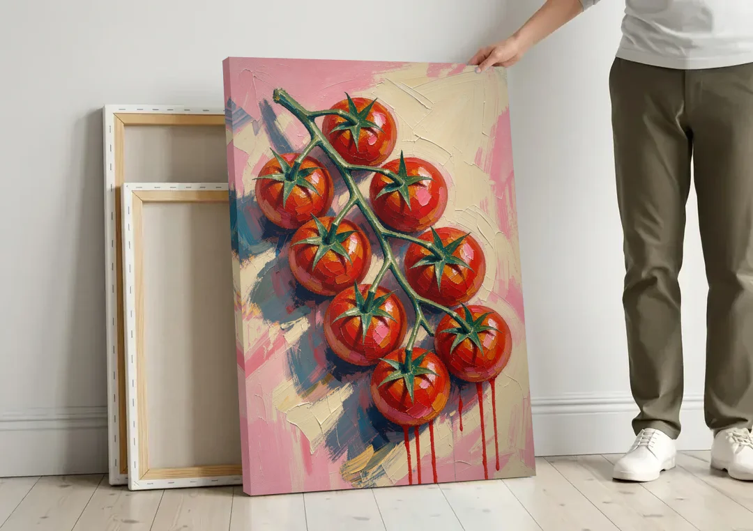 Abstract Fruit Painting of Cherry Tomatoes on the Vine canvas wall art leaning against a wall next to blank canvases