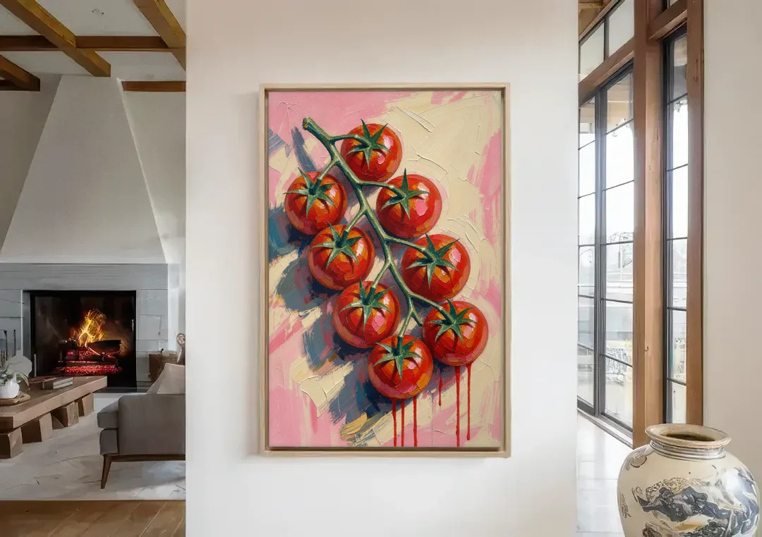 Abstract Fruit Painting of Cherry Tomatoes on the Vine canvas wall art in a living room with a fireplace