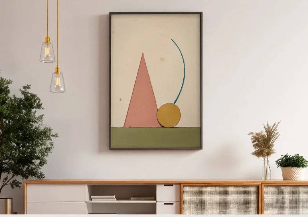 Abstract Geometric Wall Art of a Circle at Rest canvas wall art above a wooden sideboard under pendant lights