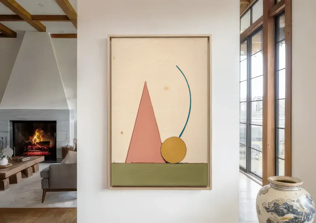 Abstract Geometric Wall Art of a Circle at Rest canvas wall art in a living room with a fireplace