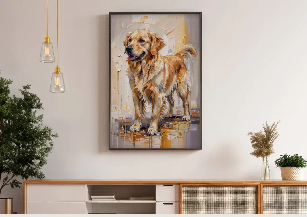 Abstract Golden Retriever in Gold Leaf canvas wall art above a wooden sideboard under pendant lights