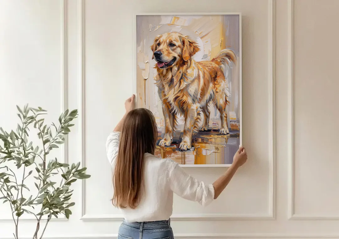 Abstract Golden Retriever in Gold Leaf canvas wall art being hung on a paneled wall