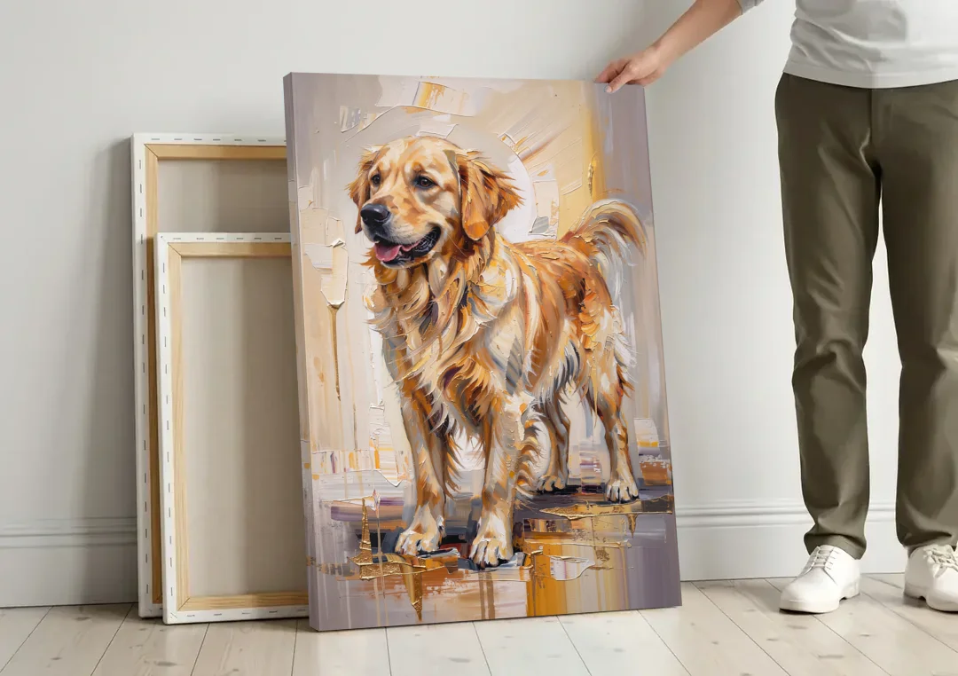 Abstract Golden Retriever in Gold Leaf canvas wall art leaning against a wall next to blank canvases