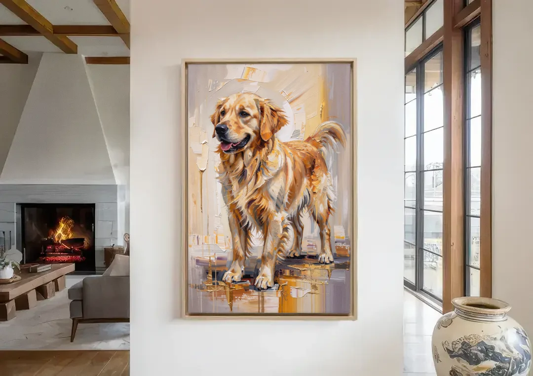 Abstract Golden Retriever in Gold Leaf canvas wall art in a living room with a fireplace