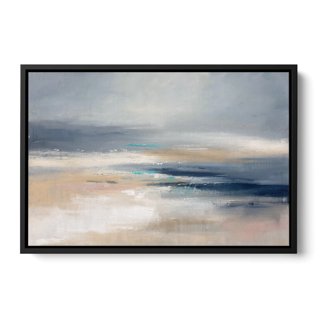 Abstract Horizon Painting in Navy and Mist - Black Framed Canvas Wall Art - Front