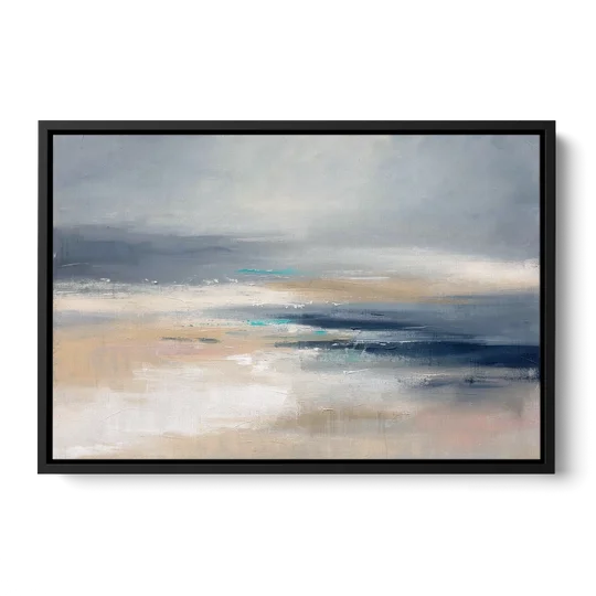 Abstract Horizon Painting in Navy and Mist - Black Framed Canvas Wall Art - Front
