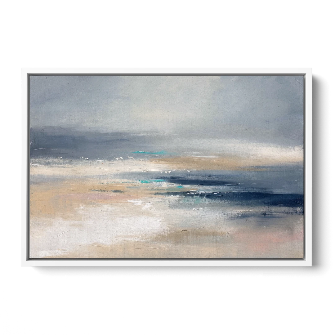 Abstract Horizon Painting in Navy and Mist - White Framed Canvas Wall Art - Front