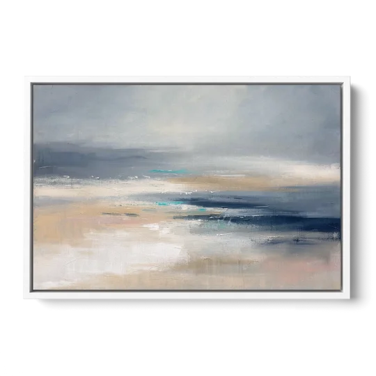 Abstract Horizon Painting in Navy and Mist - White Framed Canvas Wall Art - Front