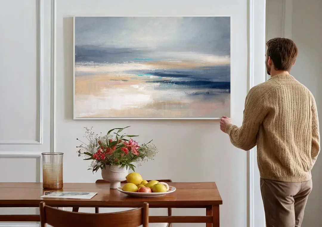 Abstract Horizon Painting in Navy and Mist canvas wall art above a dining table