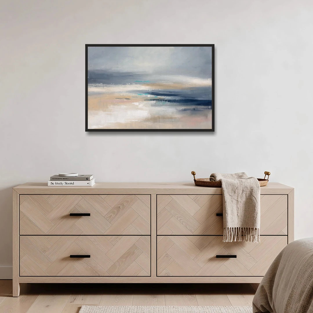 Abstract Horizon Painting in Navy and Mist - Black Framed Canvas Wall Art - Coffee Table - 36x24