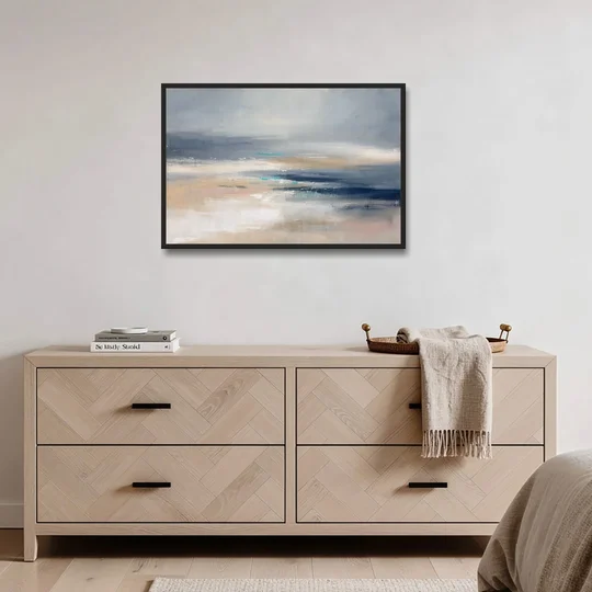Abstract Horizon Painting in Navy and Mist - Black Framed Canvas Wall Art - Coffee Table - 36x24