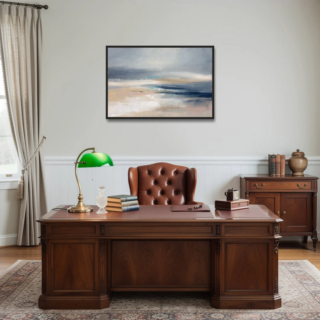 Abstract Horizon Painting in Navy and Mist - Black Framed Canvas Wall Art - Office - 36x24