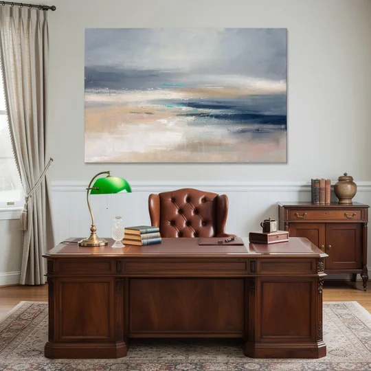 Abstract Horizon Painting in Navy and Mist - Canvas Wall Art - Office - 60x40