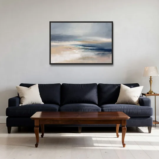 Abstract Horizon Painting in Navy and Mist - Black Framed Canvas Wall Art - Sofa - 36x24