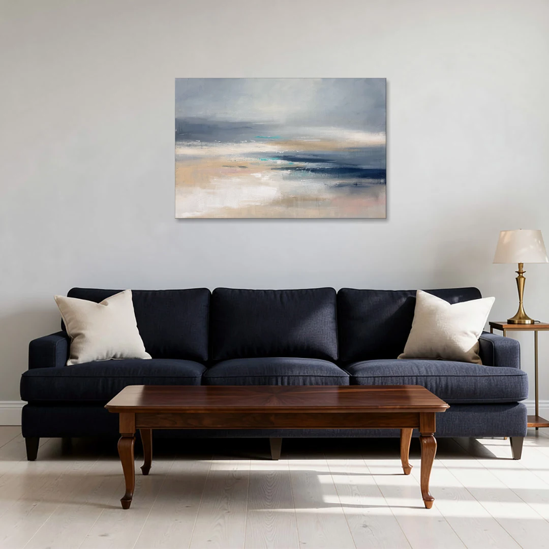 Abstract Horizon Painting in Navy and Mist - Canvas Wall Art - Sofa - 36x24