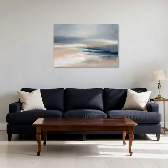 Abstract Horizon Painting in Navy and Mist - Canvas Wall Art - Sofa - 36x24