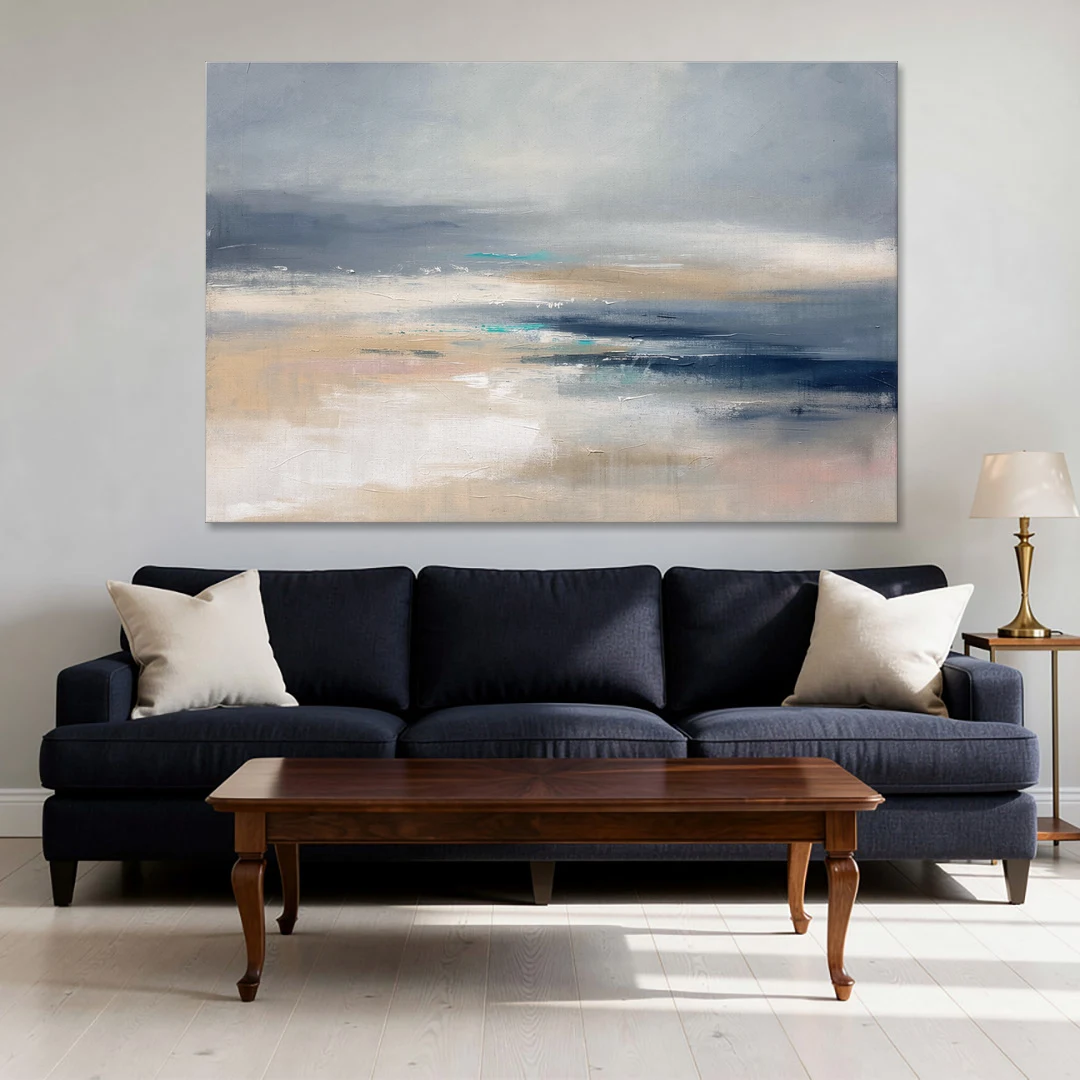 Abstract Horizon Painting in Navy and Mist - Canvas Wall Art - Sofa - 60x40