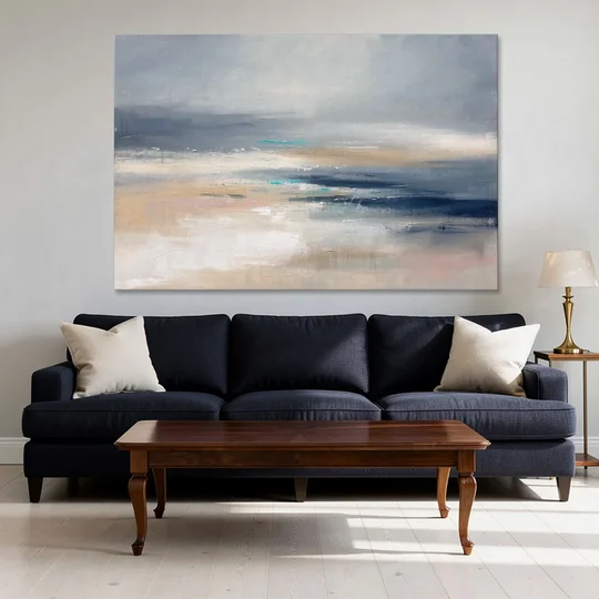 Abstract Horizon Painting in Navy and Mist - Canvas Wall Art - Sofa - 60x40