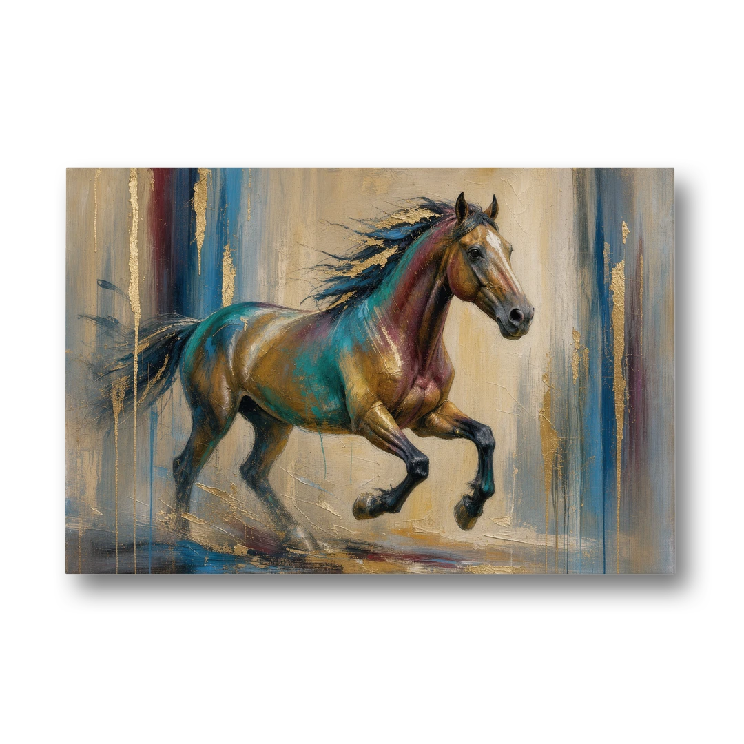 Abstract Horse Painting in Teal and Gold - Canvas Wall Art - Front
