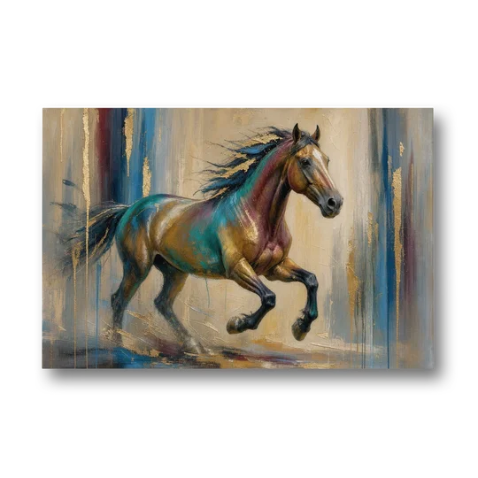 Abstract Horse Painting in Teal and Gold - Canvas Wall Art - Front