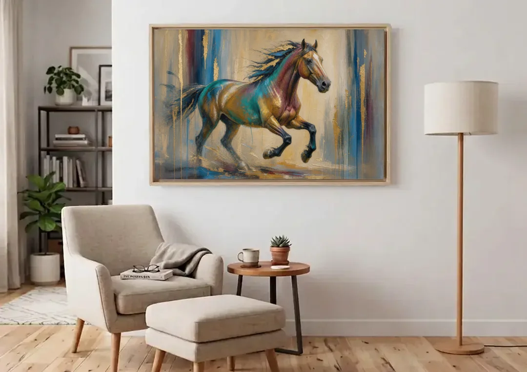 Abstract Horse Painting in Teal and Gold canvas wall art above an armchair in a bright living room