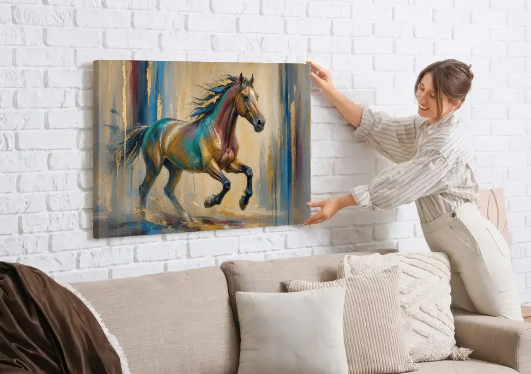 Abstract Horse Painting in Teal and Gold canvas wall art being hung on a white brick wall above a sofa