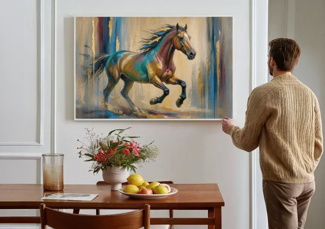Abstract Horse Painting in Teal and Gold canvas wall art above a dining table