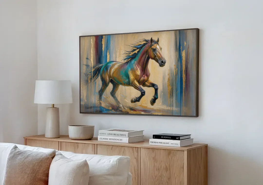Abstract Horse Painting in Teal and Gold canvas wall art above a wooden sideboard next to a sofa