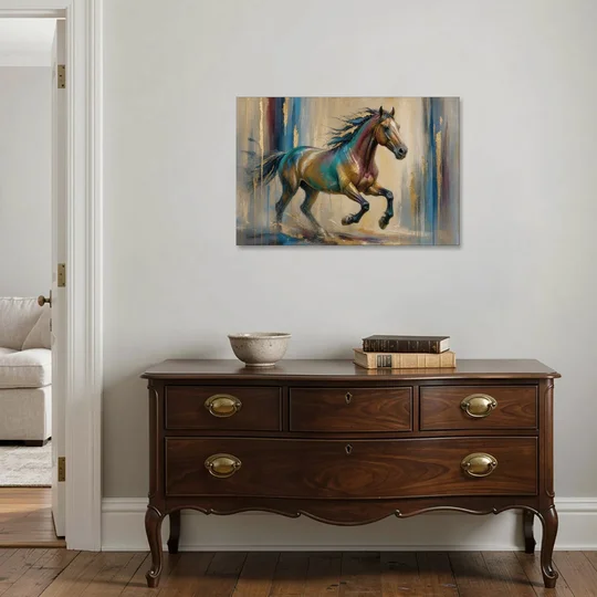 Abstract Horse Painting in Teal and Gold - Canvas Wall Art - Coffee Table - 36x24