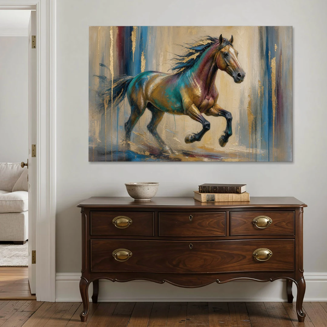 Abstract Horse Painting in Teal and Gold - Canvas Wall Art - Coffee Table - 60x40