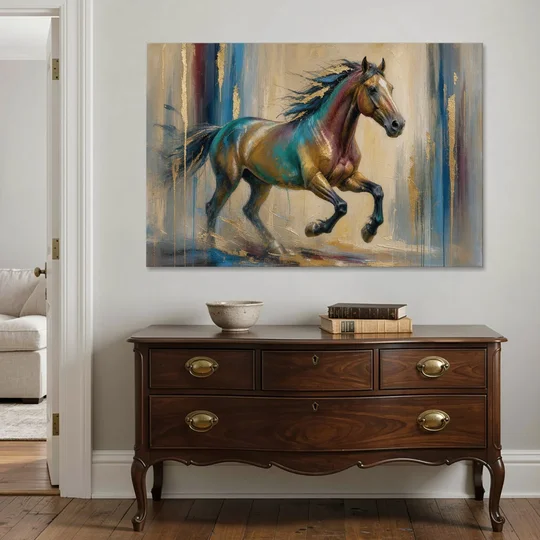 Abstract Horse Painting in Teal and Gold - Canvas Wall Art - Coffee Table - 60x40