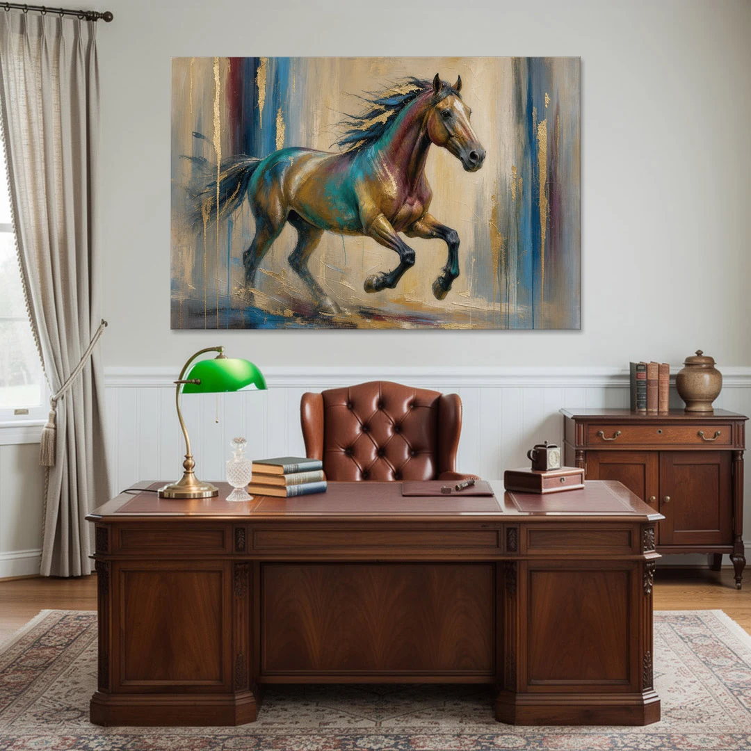 Abstract Horse Painting in Teal and Gold - Canvas Wall Art - Office - 60x40