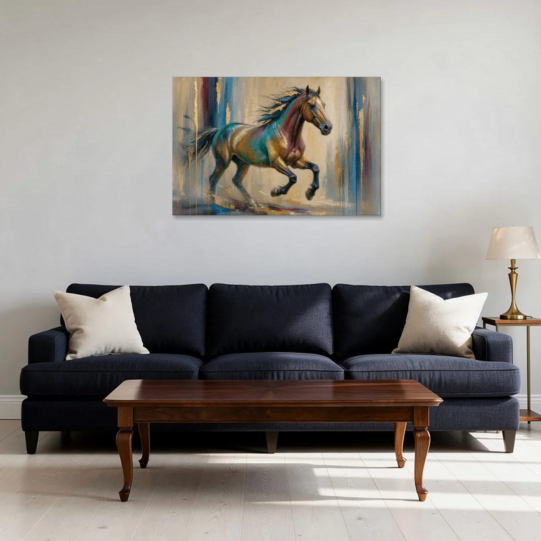 Abstract Horse Painting in Teal and Gold - Canvas Wall Art - Sofa - 36x24