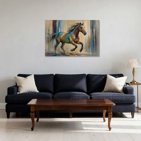 Abstract Horse Painting in Teal and Gold - Canvas Wall Art - Sofa - 36x24
