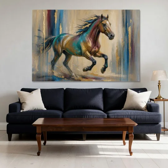 Abstract Horse Painting in Teal and Gold - Canvas Wall Art - Sofa - 60x40